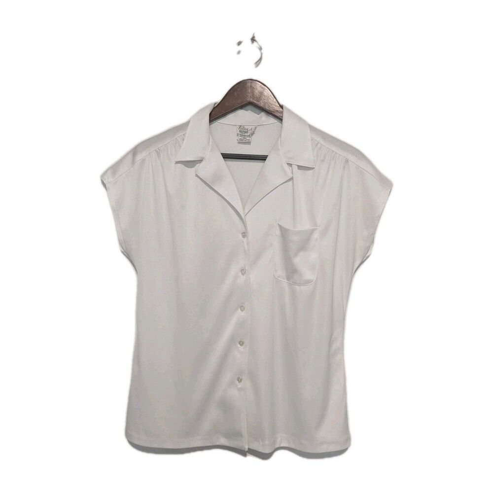Vintage 80's White Button Down Collared Poly Blouse Top M/L Felice